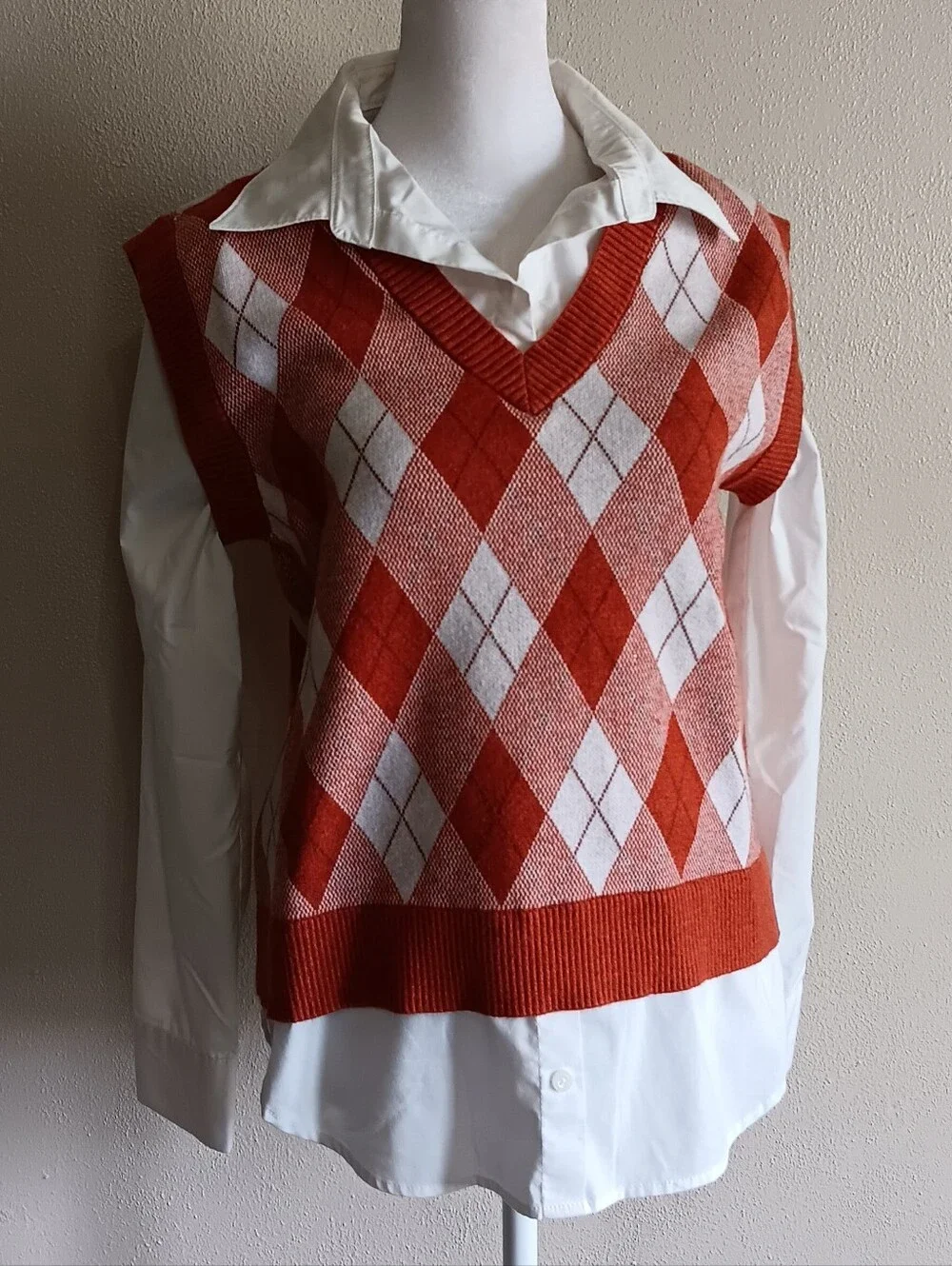 Classic Orange Argyle V-Neck Sweater Vest, Max Studio Womens Small, Academia - Picture 1 of 7